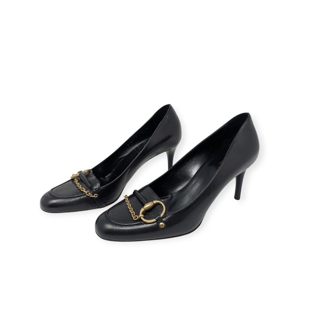 Gucci Hasler Black Leather Horsebit Chain Loafer Pumps Heels US 7B Made in Italy
